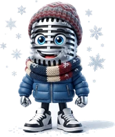 La mascota de Cadena Sudeste, un micrófono abrigado, con gorro y bufanda, entre copos de nieve