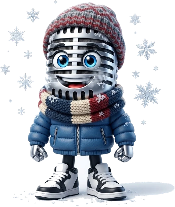 La mascota de Cadena Sudeste, un micrófono abrigado, con gorro y bufanda, entre copos de nieve