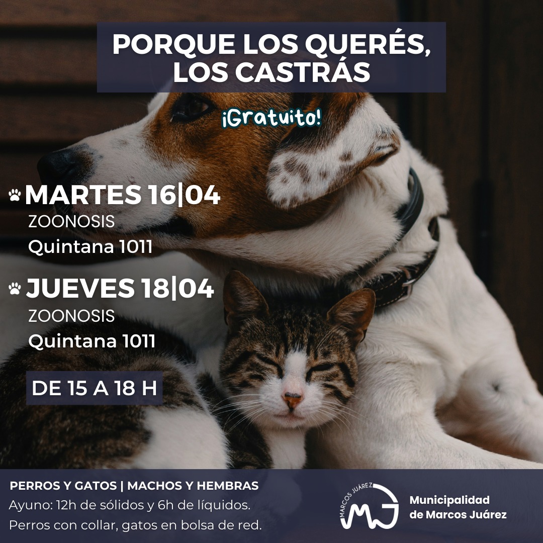 Este martes 16 y jueves 18 de abril continúa el programa de castración gratuita