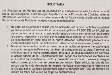 El Colegio de Arquitectos expresó su rechazo a la ubicación de la nueva Departamental de Policía de Marcos Juárez mediante una solicitada