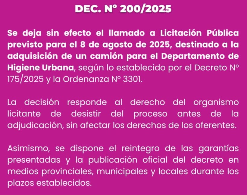 Se deja sin efecto la licitación para la compra de camión en Marcos Juárez