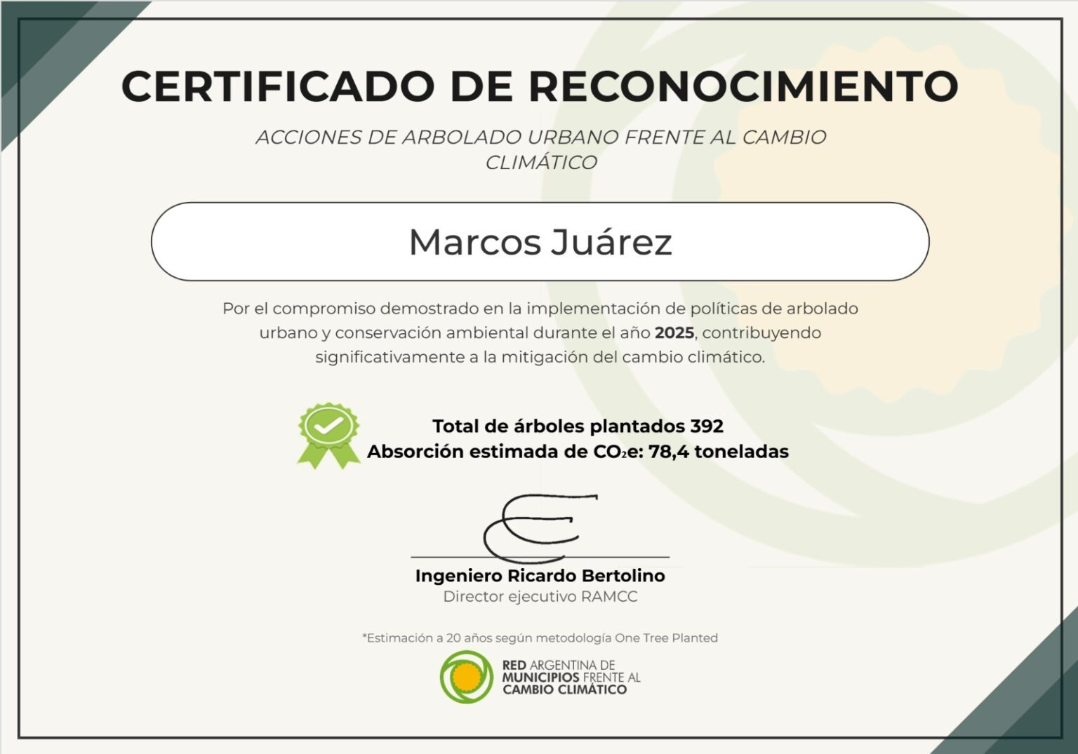 Marcos Juárez fue reconocida por la RAMCC por su compromiso ambiental