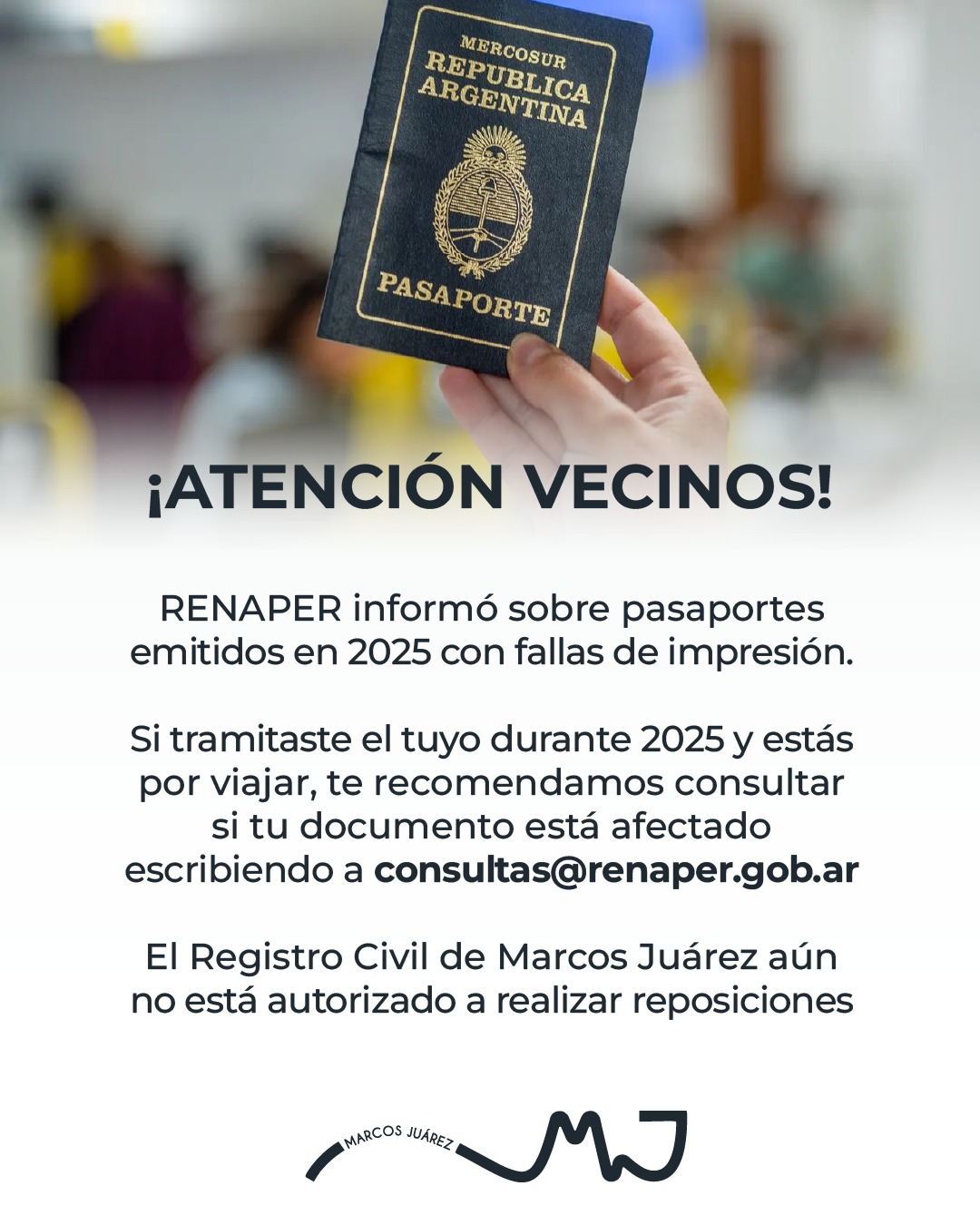 El Registro Civil de Marcos Juárez informa: detectan fallas de impresión en pasaportes emitidos en 2025