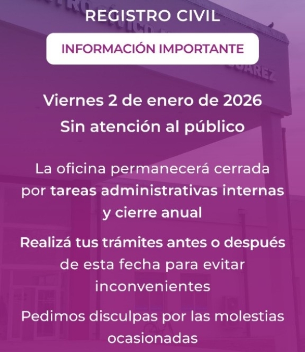 El Registro Civil de Marcos Juárez no atenderá al público el viernes 2 de enero