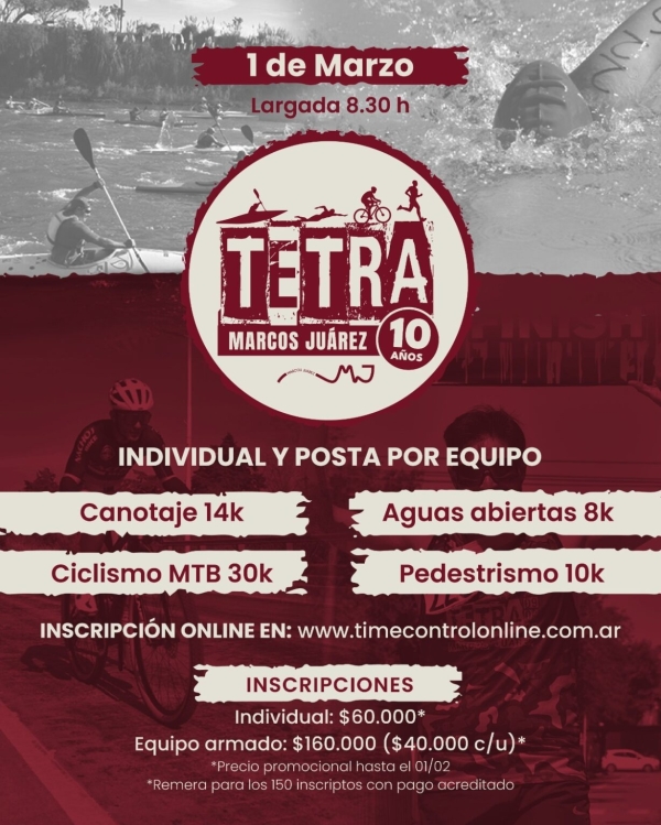 El Tetratlón 2026 en su décima edición se correrá el 1 de marzo en Marcos Juárez