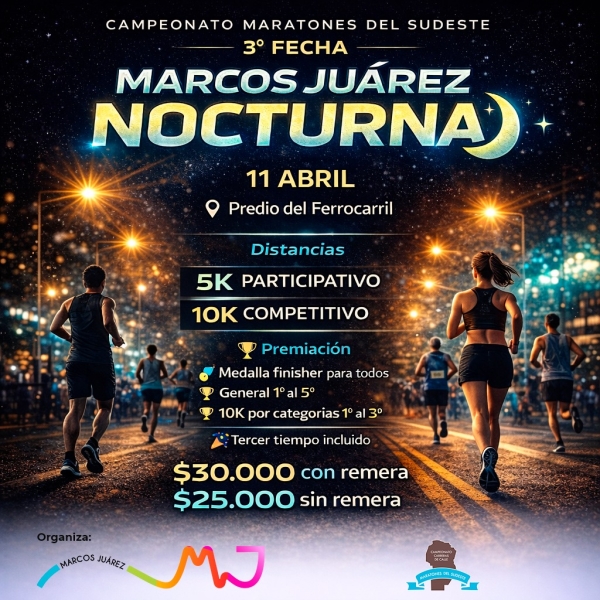 Nueva Maratón nocturna en Marcos Juárez: deporte, comunidad y energía bajo las estrellas