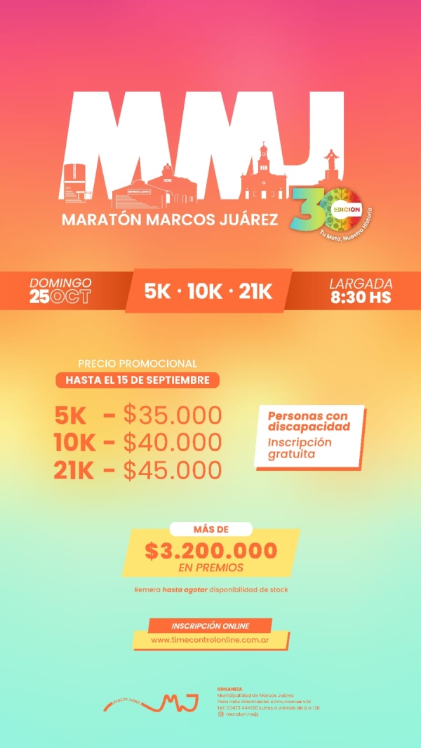 El 1 de agosto abren las inscripciones para la Maratón 30 Años Marcos Juárez: una edición histórica con más de $3.200.000 en premios