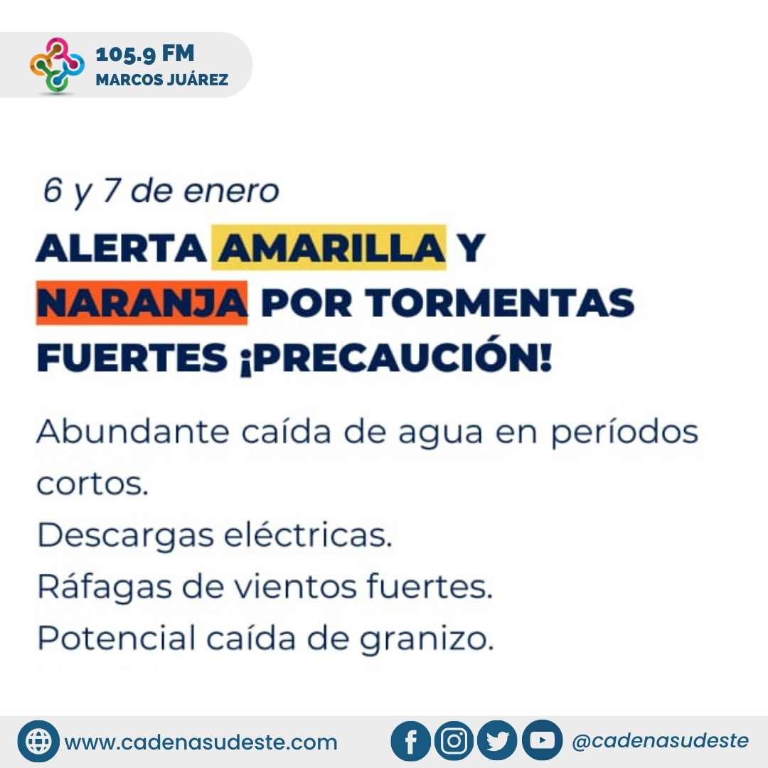 ATENCIÓN MARCOS JUÁREZ: alerta amarilla y naranja por tormentas fuertes 