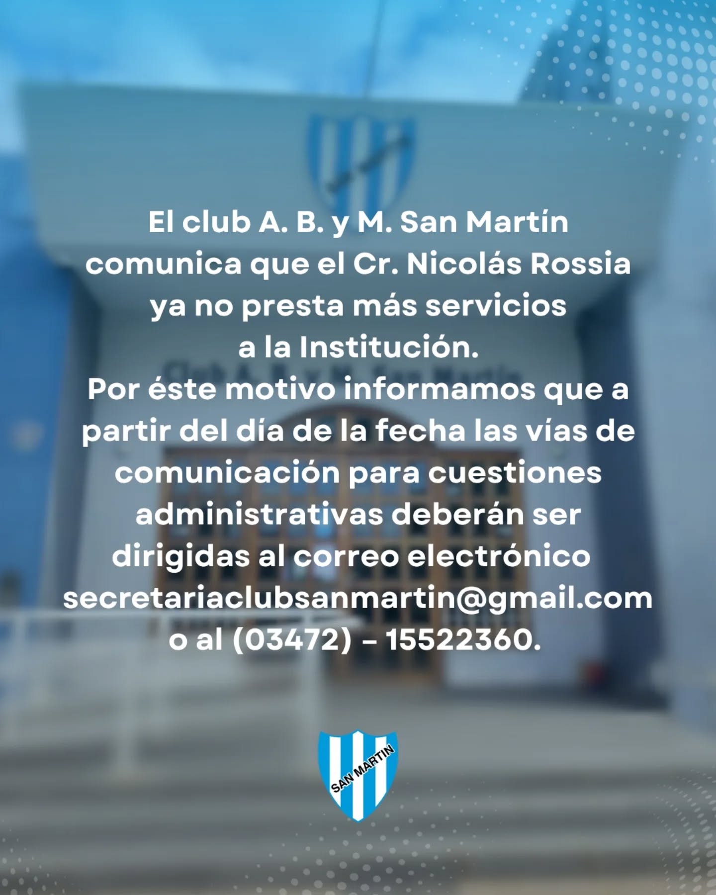 Nicolás Rossia cesa su actividad en el Club San Martín