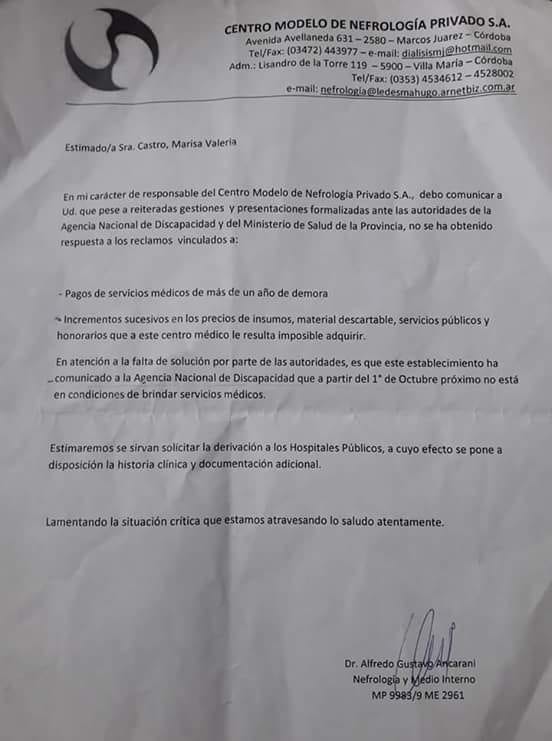 Vecina de Marcos juárez fue notificada del corte de su tratamiento de diálisis 