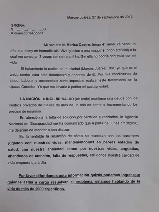 Vecina de Marcos juárez fue notificada del corte de su tratamiento de diálisis 