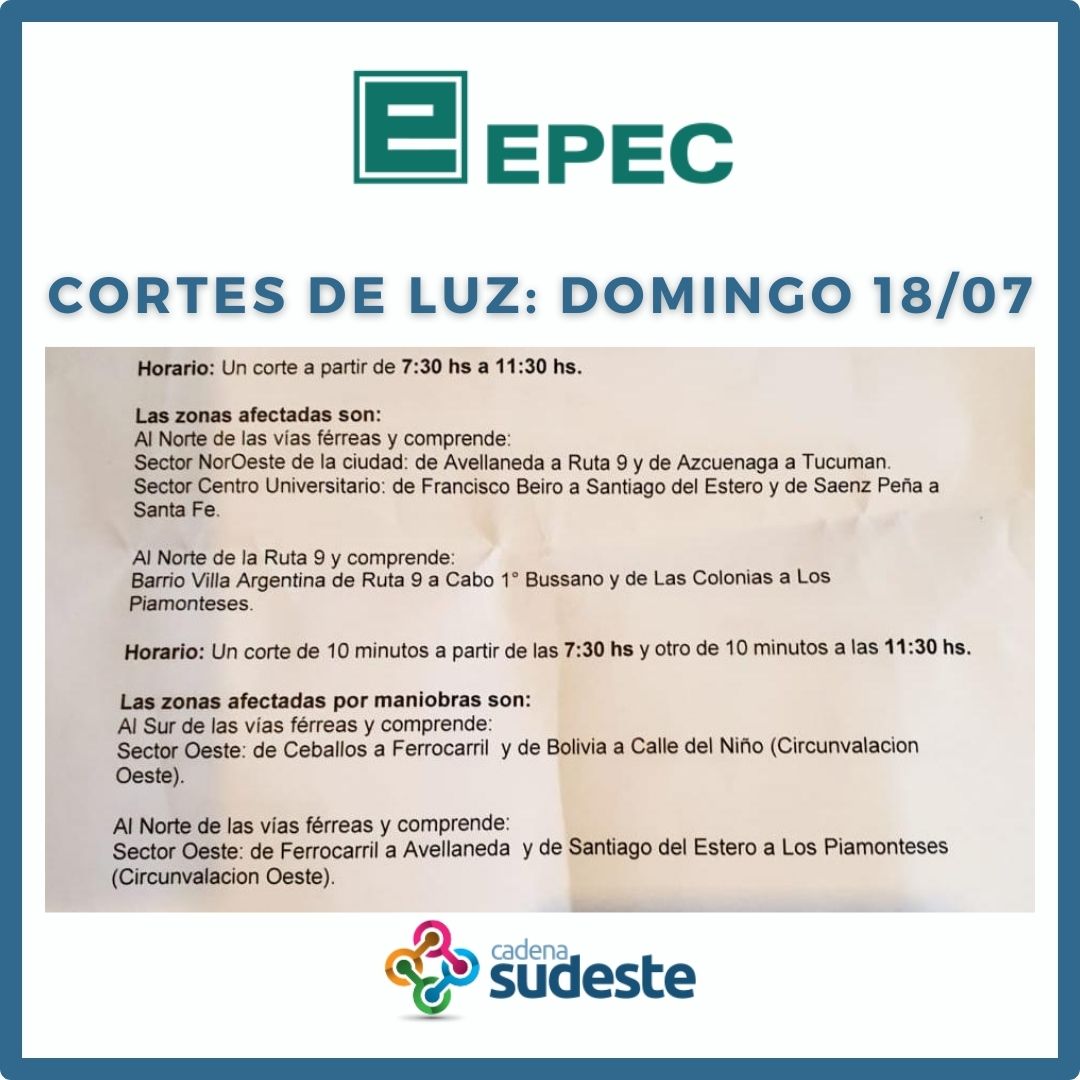 Cortes de luz para el domingo 18 de julio