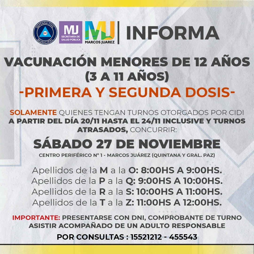 Primera y segunda dosis vacunación menores de 3 a 11 años
