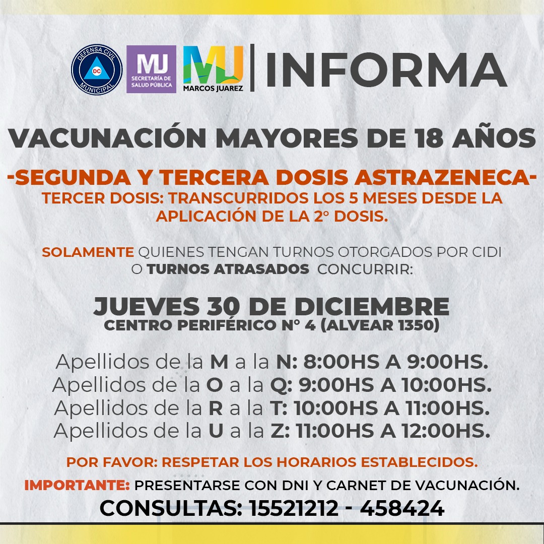 Miércoles 29 y jueves 30: segunda y tercera dosis AstraZeneca