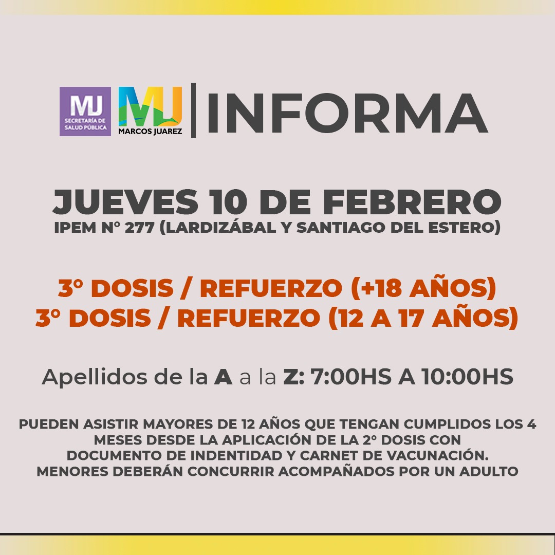 Martes 08 a viernes 11: terceras dosis refuerzo