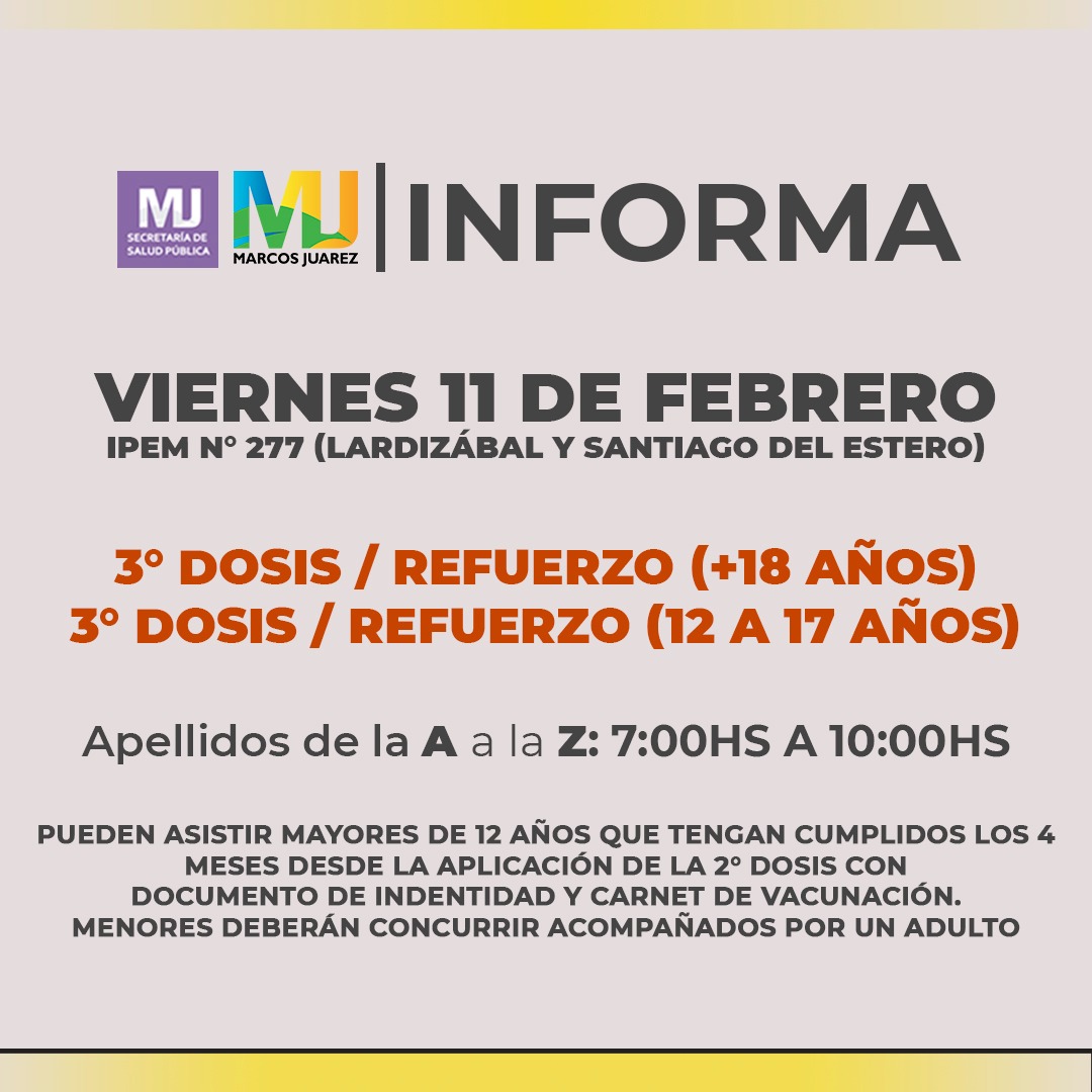 Martes 08 a viernes 11: terceras dosis refuerzo